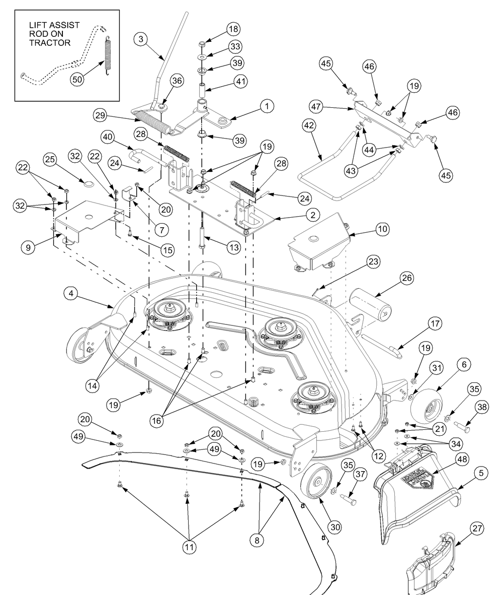44 Inch Deck Assembly Diagram and Parts List for 2518-44 13A208L100-13B288L100 Cub Cadet Lawn Tractor